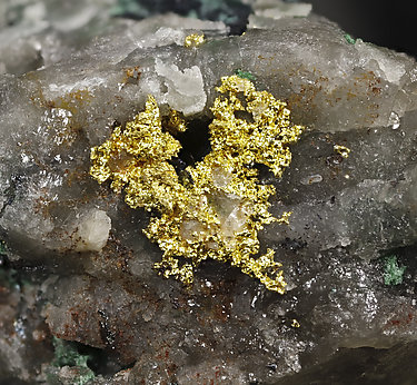 Gold on Quartz with Malachite and Covellite