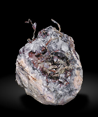 Silver with Rhodochrosite and Acanthite, Quartz, Calcite
