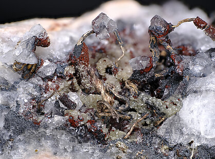 Silver with Rhodochrosite and Acanthite, Quartz, Calcite