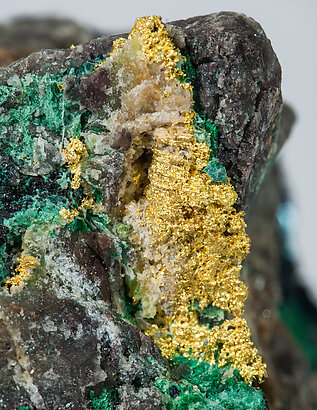 Gold with Covellite, Malachite and Chrysocolla