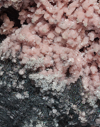 Rhodochrosite with Calcite and Boulangerite (variety plumosite). 