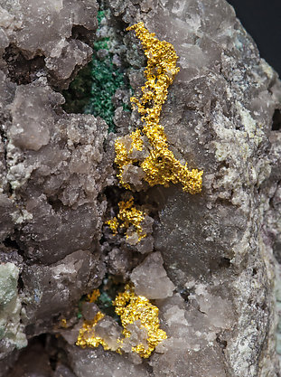 Gold with Quartz, Malachite and Chrysocolla. 