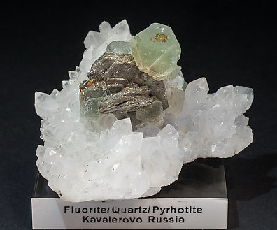 Octahedral Fluorite with Quartz and Pyrite after Pyrrhotite. 