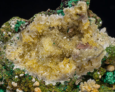 Mimetite with Cerussite, Malachite and Calcite. 