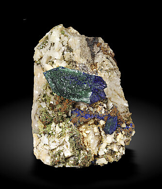 Doubly terminated Azurite with Malachite and Dolomite. Front / Photo: Joaquim Callén