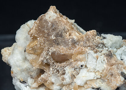 Wulfenite (variety chillagite) with Cerussite, Baryte, Fluorite and Galena. 