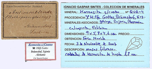 Kermesita con Cuarzo, Calcopirita y Estibina. 