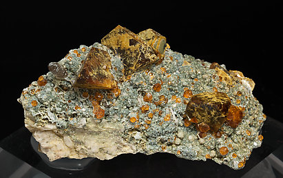 Helvine with Spessartine, smoky Quartz and Chlorite. 